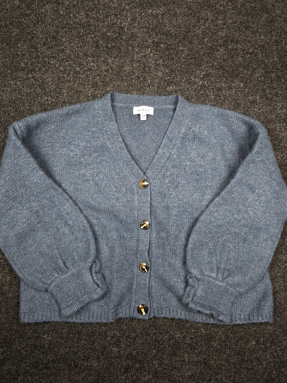 MABLE Womens S/M Blue Cropped Cardigan Sweater Gold Buttons Balloon Sleeve